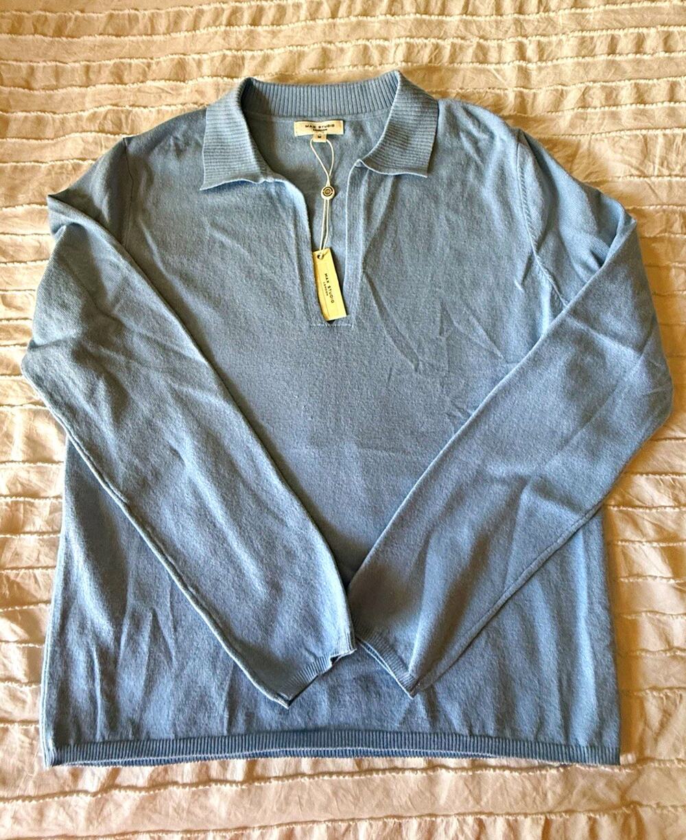 Max Studio London Women’s M Blue Solid Knit Collared Pullover Sweater